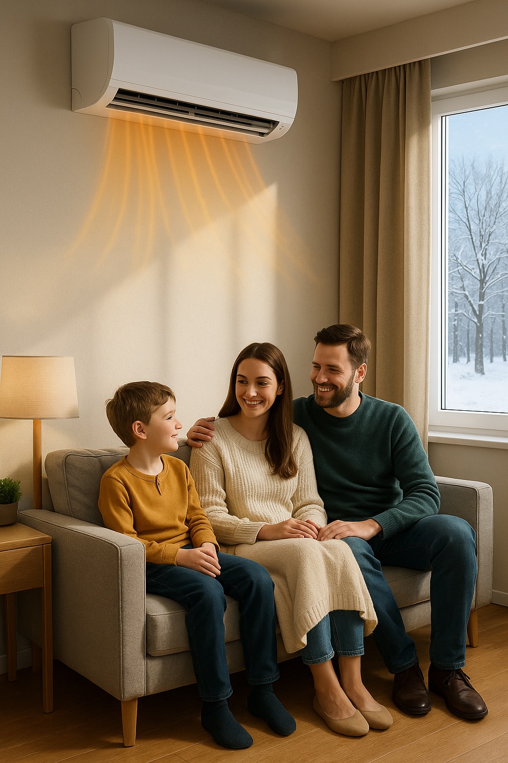 Család klímával fűtött nappaliban